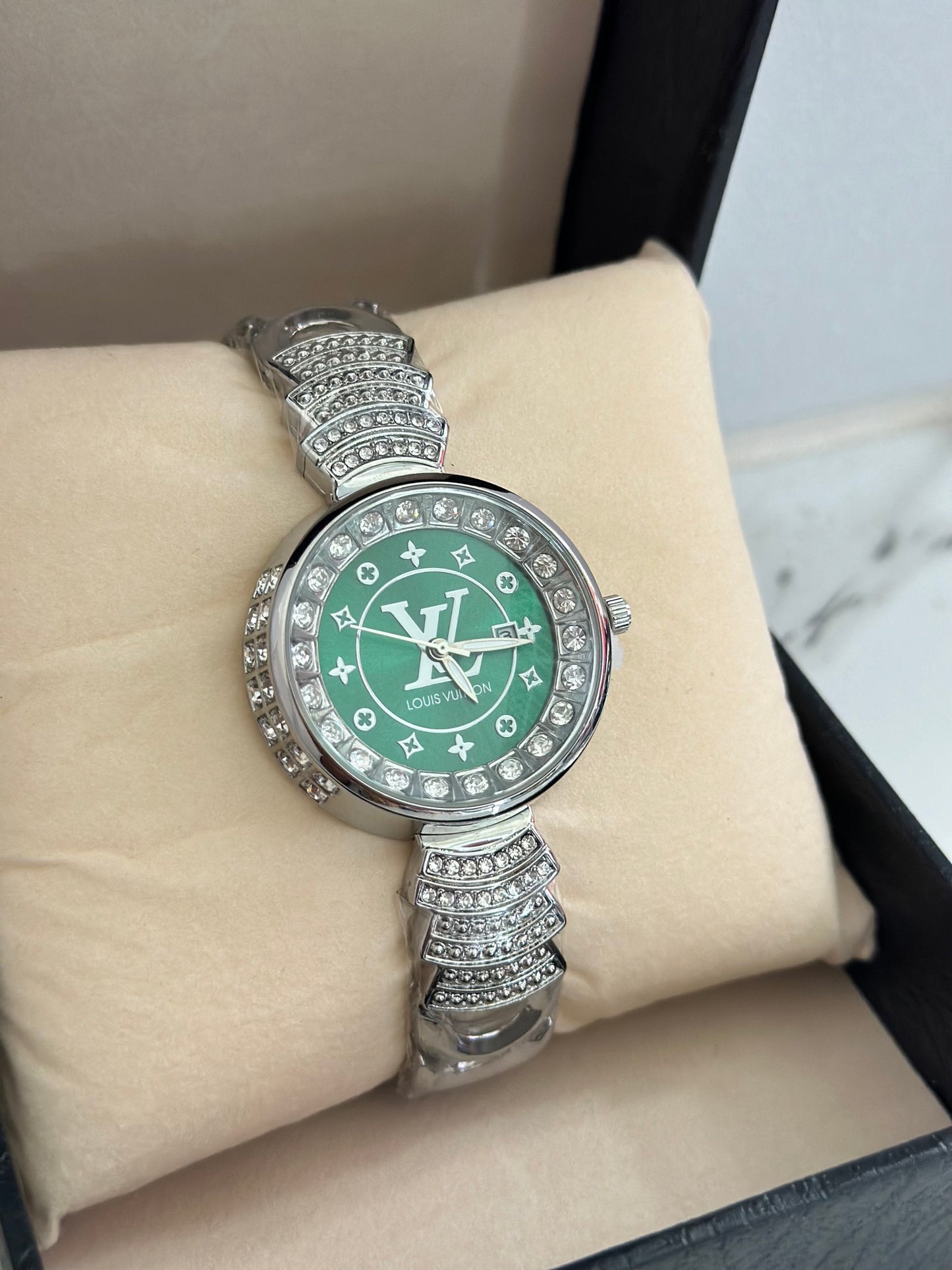 LV Silver Watch Green Dial with Stones