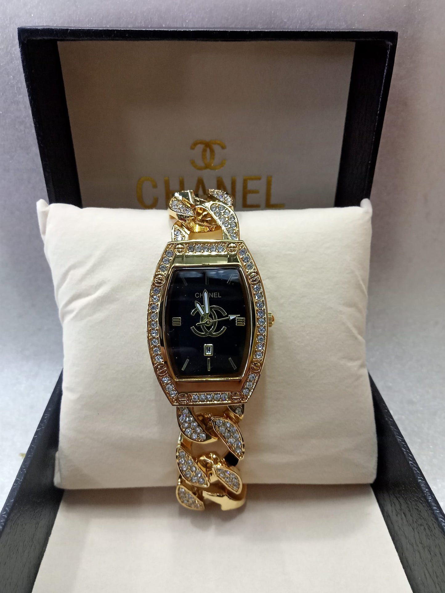 Chanel Gold Chain Strap with Stone Watch for Women