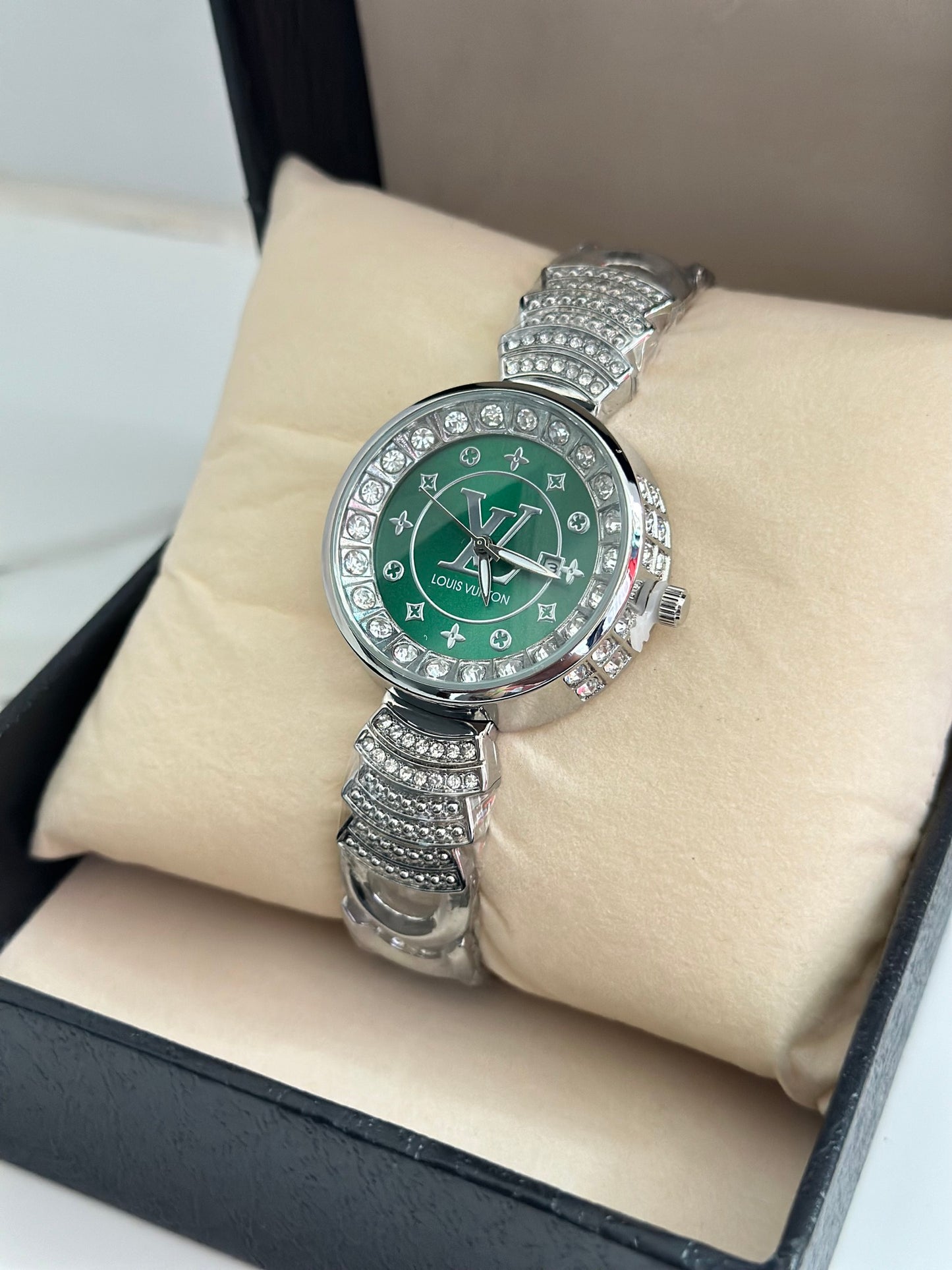 LV Silver Watch Green Dial with Stones