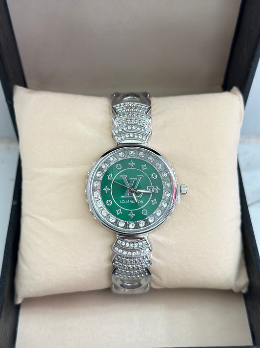 LV Silver Watch Green Dial with Stones